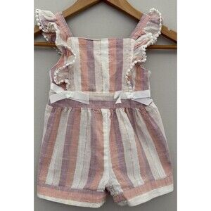 24M Rare Editions Pink/Purple/Cream Striped Flutter Sleeve Romper